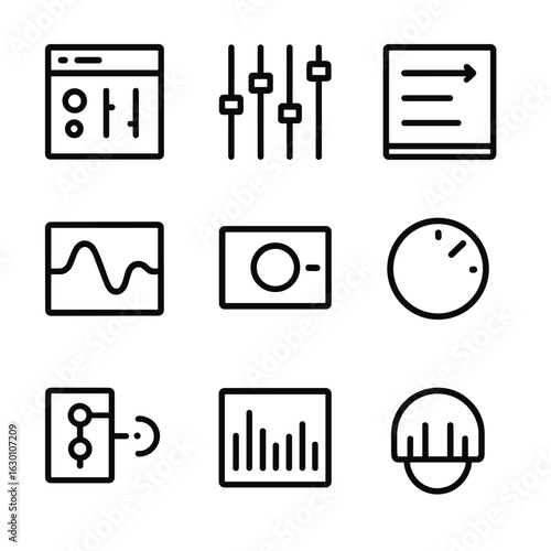 Reverb Software Icons. Outline icon set of reverb software interfaces: plugin window, parameter sliders, preset menu, waveform