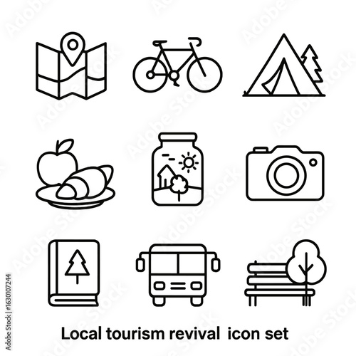 Tourism Revival Icons. Outline icon set of local tourism revival: map, bicycle, tent, local food, souvenir,