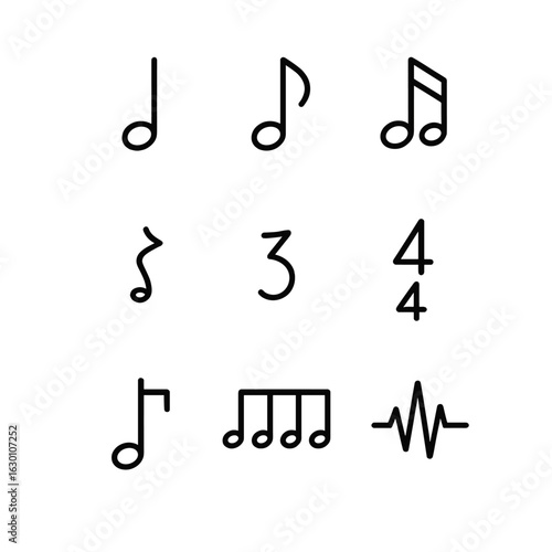 Rhythmic Icons Grid. Outline icon set of beat in rhythm: quarter note, eighth note, sixteenth note, eighth rest, quarter rest,