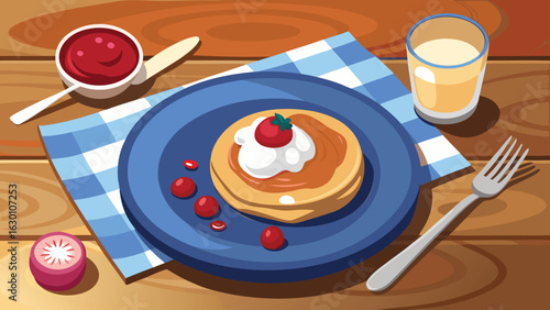 Still life of pancakes with strawberry and cream, a glass of milk, and jam on a wooden table