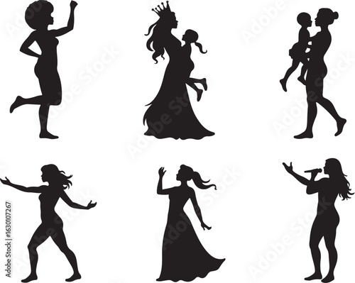 Diverse women silhouettes celebrating, performing, and caring for children