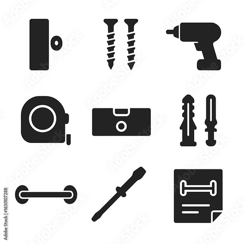 Towel Rack Tools. Solid, filled icons set of towel rack installation: wall mount, screws, drill, measuring