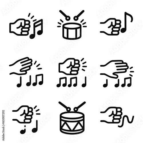 Rhythmic Knock Icons. Outline icon set of knock in music rhythm: knocking on rhythm, percussion knock, knocking as beat, rhythmic