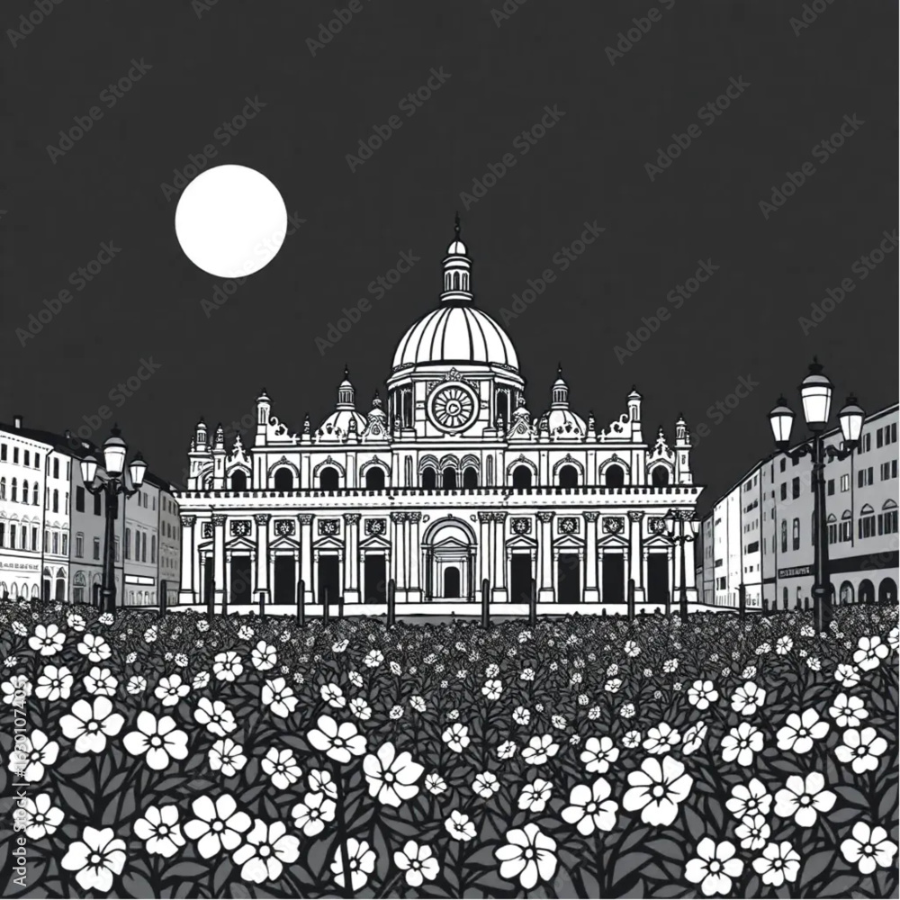 Obraz premium Basilica di San Marco surrounded by blooming flowers in Venice at midnight with glowing lanterns