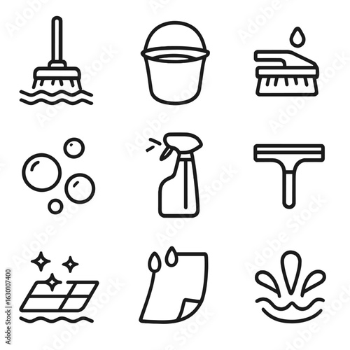 Rinse Cleaning Icons. Outline icon set of rinse in cleaning: mop rinse, bucket with water, rinse brush, soap bubbles, spray bottle