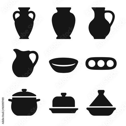 Traditional Ceramic Icons. Solid, filled icons set of traditional ceramic forms: amphora jar, ceramic urn,