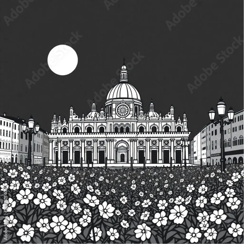 Basilica di San Marco surrounded by blooming flowers in Venice at midnight with glowing lanterns