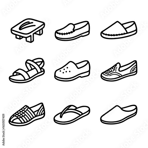 Traditional Footwear Icons. Outline icon set of traditional footwear: geta, moccasins, espadrilles, sandals,