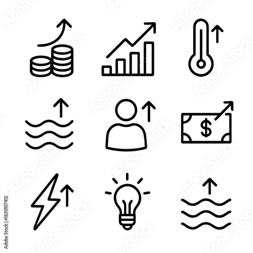 Rise Icon Set. Outline icon set of rise concepts: income increase, stock market growth, temperature rise, water level rise,
