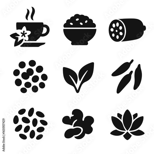 Traditional Calming Foods Icons. Solid, filled icons set of traditional calming foods: jasmine tea, steamed