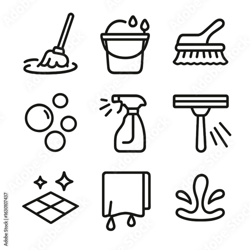 Rinse Cleaning Icons. Outline icon set of rinse in cleaning: mop rinse, bucket with water, rinse brush, soap bubbles, spray bottle