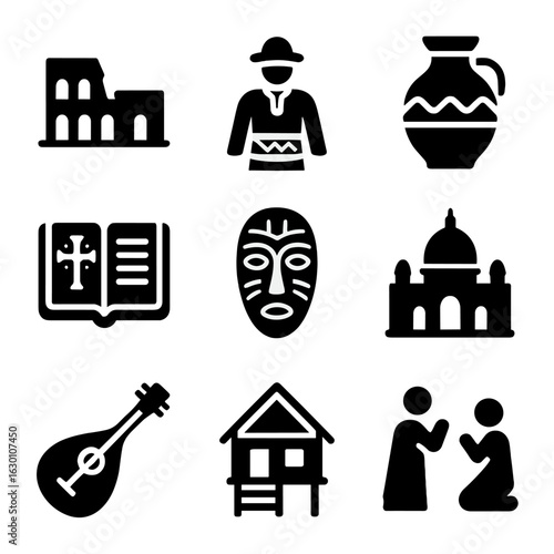 Traditional Heritage Icons. Solid, filled icons set of Preserving traditions: heritage site, cultural costume,
