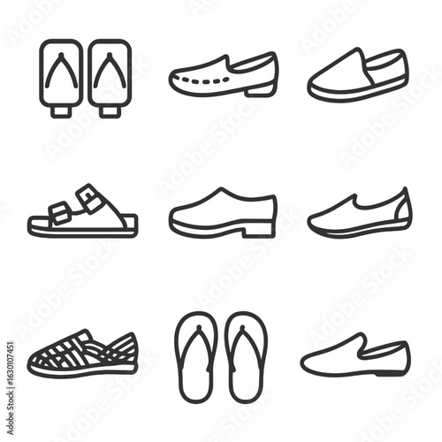 Traditional Footwear Icons. Outline icon set of traditional footwear: geta, moccasins, espadrilles, sandals,
