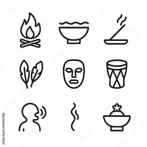 Ritual Icons Set. Outline icon set of traditional rituals: fire, water bowl, incense, feathers, mask, drum, chant, smoke, offering