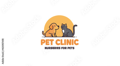 Pet clinic logo template with a cute dog and cat. Veterinary care or animal shelter brand identity vector illustration concept.