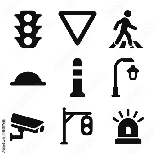 Traffic Control Icons. Solid, filled icons set of Traffic control devices: stoplight, yield sign, pedestrian