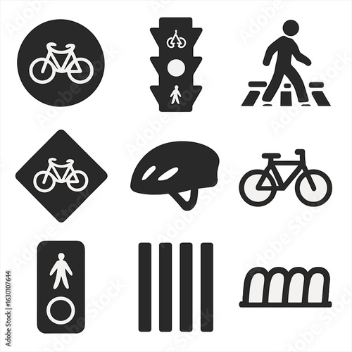 Traffic Icon Grid. Solid, filled icons set of Bicycle and pedestrian crossings: bike lane sign, traffic light,