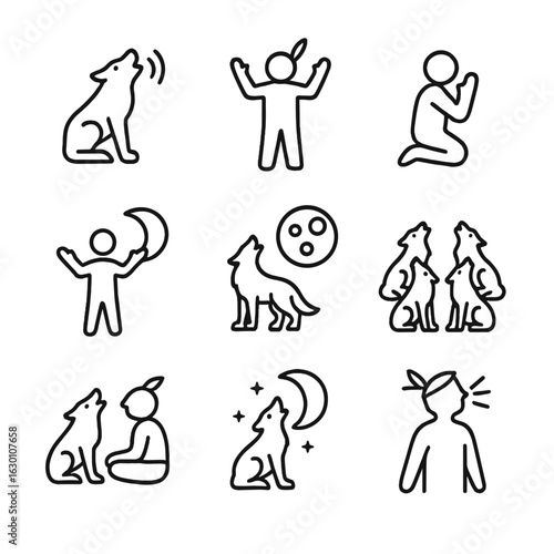 Ritual Howl Icon Set. Outline icon set of howl in ritual: tribal call, ceremonial chant, ritual prayer, moon dance, howling circle