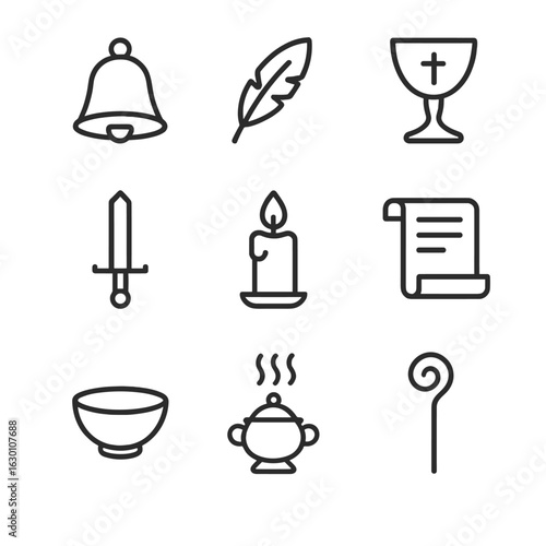 Ritual Object Icons. Outline icon set of ritual objects: bell, feather, chalice, sword, candle, scroll, bowl, incense burner,