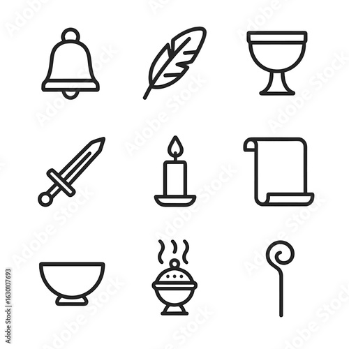 Ritual Object Icons. Outline icon set of ritual objects: bell, feather, chalice, sword, candle, scroll, bowl, incense burner,