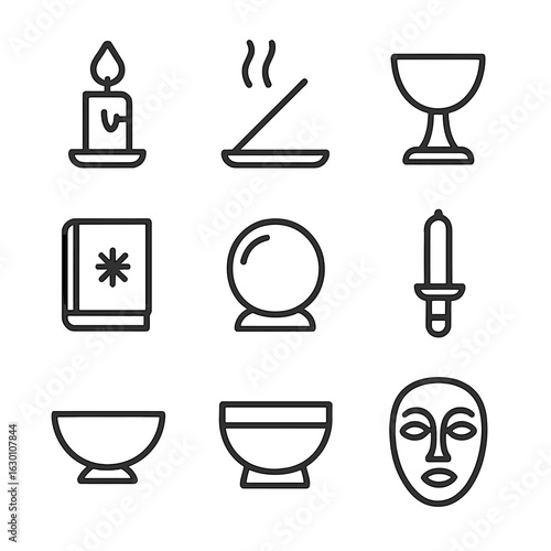 Ritual Symbol Icons. Outline icon set of ritual symbols: candle, incense stick, chalice, altar, sacred book, crystal ball, ritual