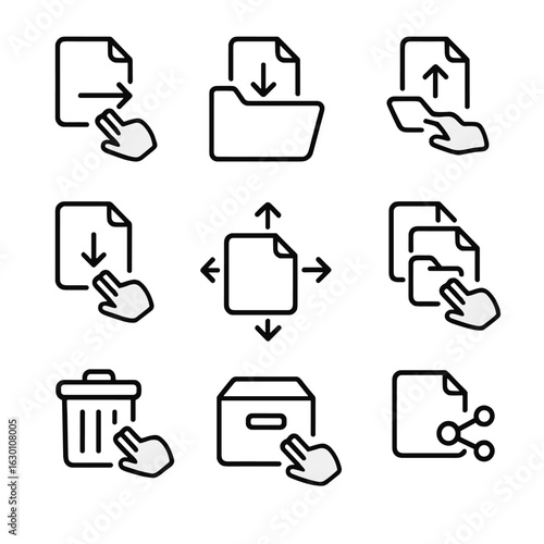 File Management Icons. Outline icon set of drag file management: drag file, drop folder, upload drag, download drag, move file,
