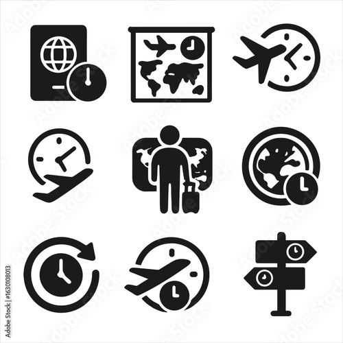 Travel and Time Icons. Solid, filled icons set of travel and time zones: passport with clock, airport timezone