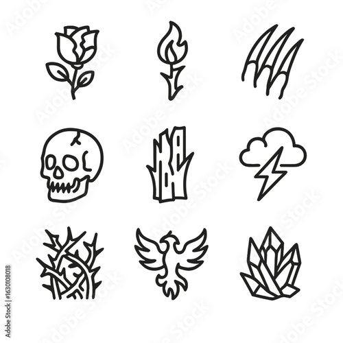 Fierce Icons Collection. Outline icon set of fierce beauty: shattered rose, burning thorn, sharp claw, cracked skull, splintered