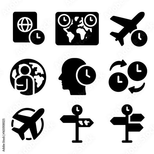 Travel and Time Icons. Solid, filled icons set of travel and time zones: passport with clock, airport timezone