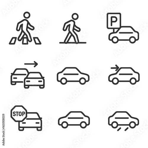 Road User Icon Set. Outline icon set of road user actions: pedestrian crossing, jaywalking, parking, overtaking, turning left,