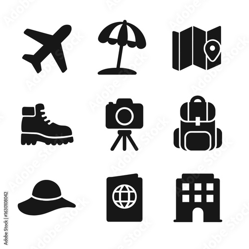 Travel Icon Collection. Solid, filled icons set of vacations and travel moments: airplane, beach umbrella, map