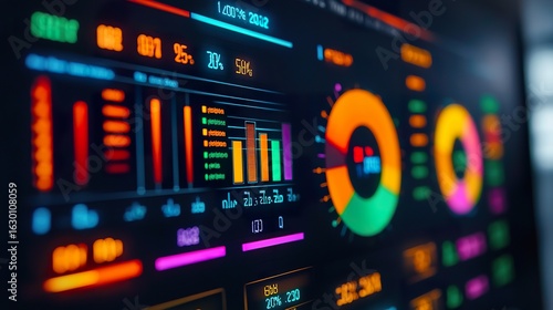 Smart home energy management system screen displaying power consumption, glowing graph, clear numbers, energy flow.