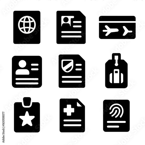 Travel Essentials Icons. Solid, filled icons set of traveler documents at borders: passport, visa, boarding