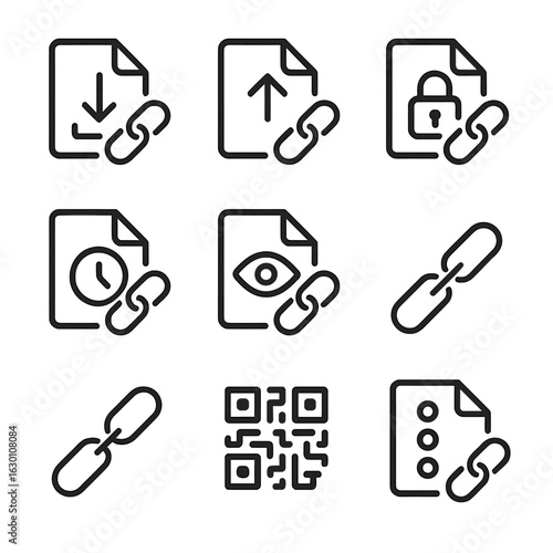 File Sharing Icons. Outline icon set of file sharing links: download link icon, upload link icon, secure share link, expiration