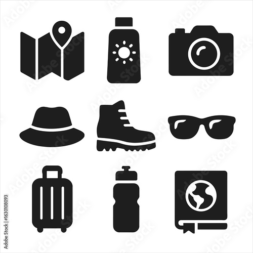 Travel Essentials Icons. Solid, filled icons set of travel essentials for couples: map, sunscreen, camera,