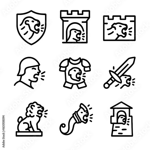 Roaring Defense Icons. Outline icon set of roaring defense and protection: roaring shield, roaring castle gate, roaring fortress