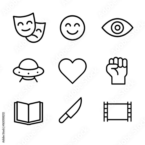 Film Genre Icons. Outline icon set of film genres showcase: drama mask, comedy emoji, horror eye, sci-fi UFO, romance heart,