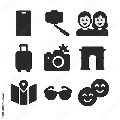 Travel Selfie Icons. Solid, filled icons set of Travel selfie icons: smartphone, selfie stick, two friends,