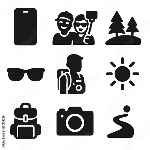 Travel Selfie Icons. Solid, filled icons set of Two friends on travel selfie: smartphone, selfie stick, joyful