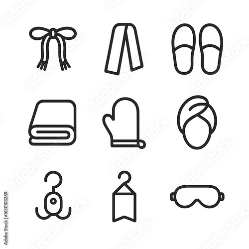 Robes Icon Set. Outline icon set of robe accessories: belt, sash, slippers, towel, bath mitt, hair wrap, eye mask, robe hook,