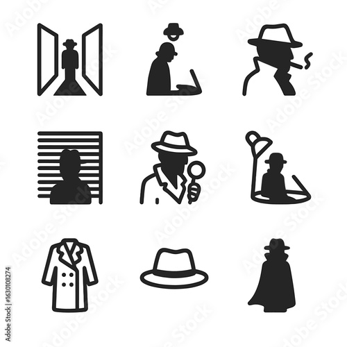 Film Noir Shadow Icons. Outline icon set of film noir shadows: alleyway silhouette, dramatic lighting shadow, villain silhouette,