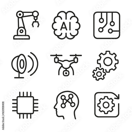 Robotics and AI Icons. Outline icon set of robotics and AI: robot arm, AI brain, circuit board, sensor, drone, gears, computer