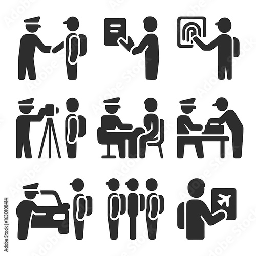 Traveler Interaction Icons. Solid, filled icons set of traveler interactions at border: officer handshake,
