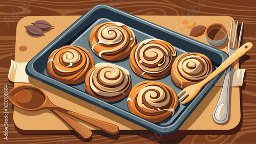 Freshly baked cinnamon rolls with icing on a baking sheet with wooden utensils on a wooden table