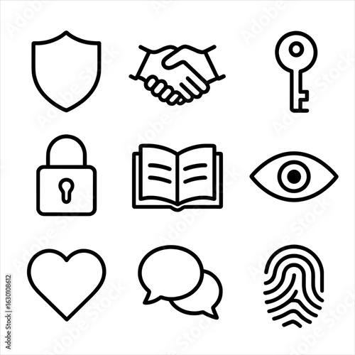 Trust Icon Set. Outline icon set of trust and honesty: shield, handshake, key, lock, open book, eye, heart,