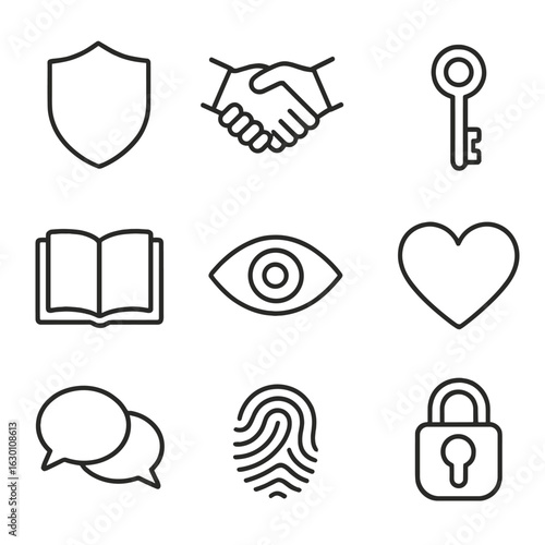 Trust Icon Set. Outline icon set of trust and honesty: shield, handshake, key, lock, open book, eye, heart,