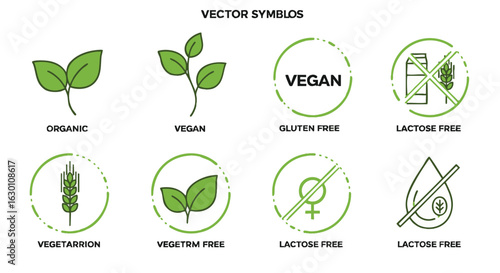 A collection of vector symbols for food labeling. Includes icons for organic, vegan, vegetarian, gluten-free, and lactose-free diets.