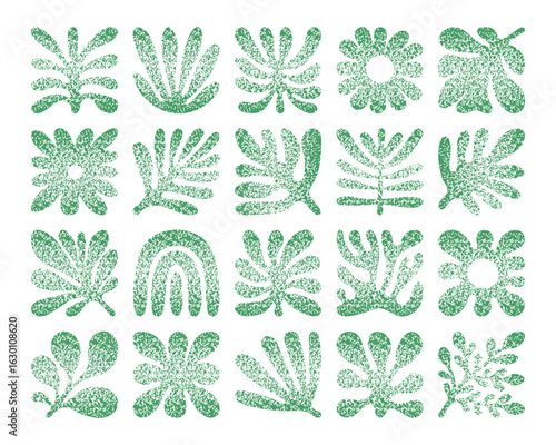 Hand drawn botanical elements with grainy halftone texture. Green plant shapes set for organic and natural design.