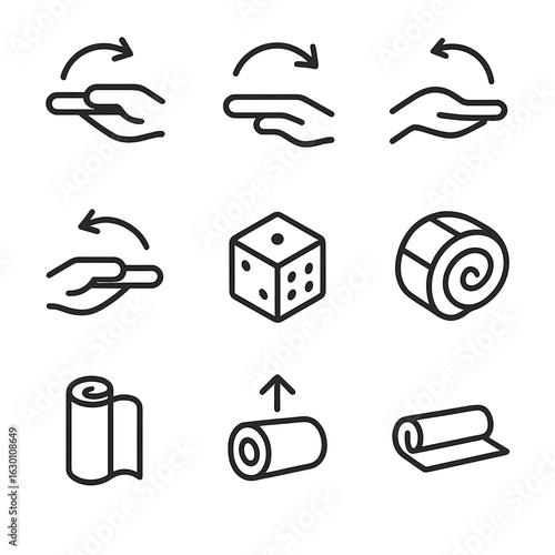 Roll Gesture Icons. Outline icon set of roll gestures: roll forward, roll backward, roll left, roll right, dice roll, sushi roll,