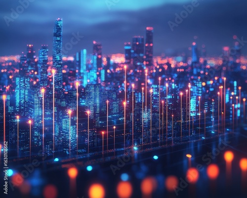 Futuristic cityscape with vibrant digital light displays and glowing skyscrapers at night